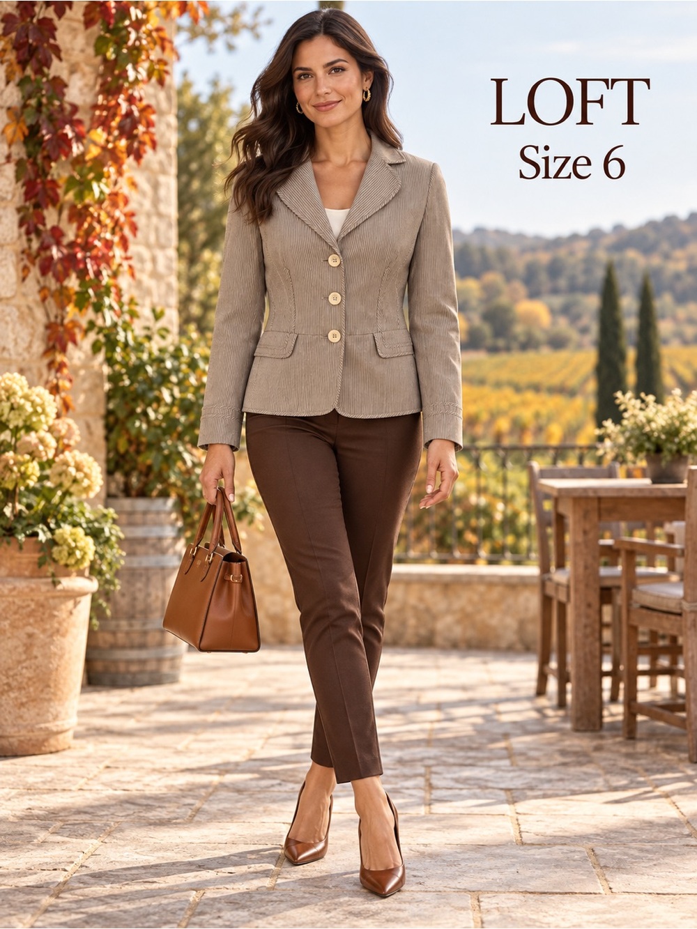 LOFT Size 6 Taupe Brown Microstripe Cotton Stretch Peplum Blazer